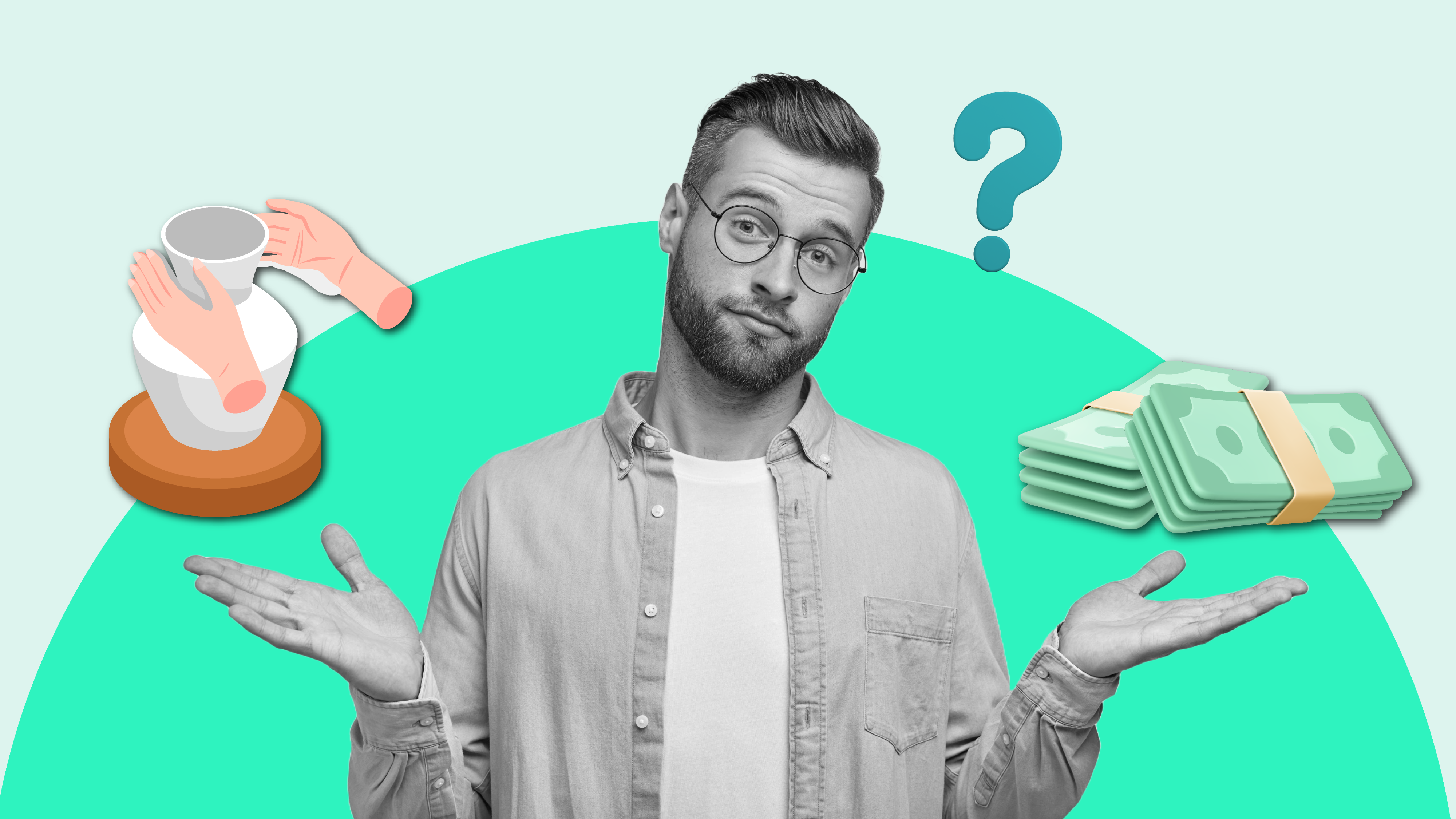 A man weighs up how much he should charge for his pottery